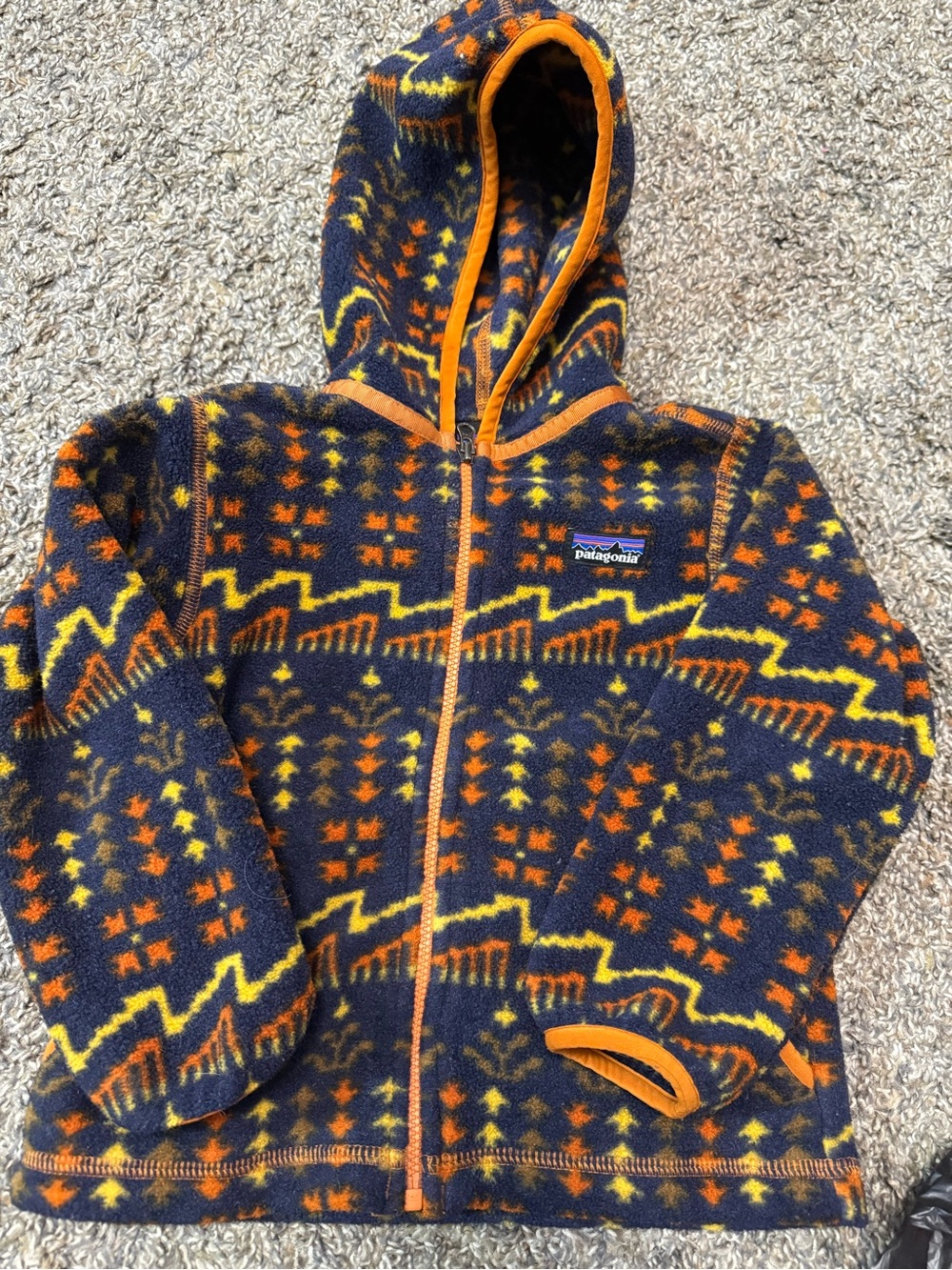 Patagonia Kids Hooded Fleece Jacket in Navy with Orange & Yellow Accents